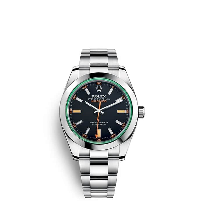 นาฬิกา Rolex Milgauss 40 มม., หน้าปัดสีดำเข้มและกระจกแซฟไฟร์สีเขียว
