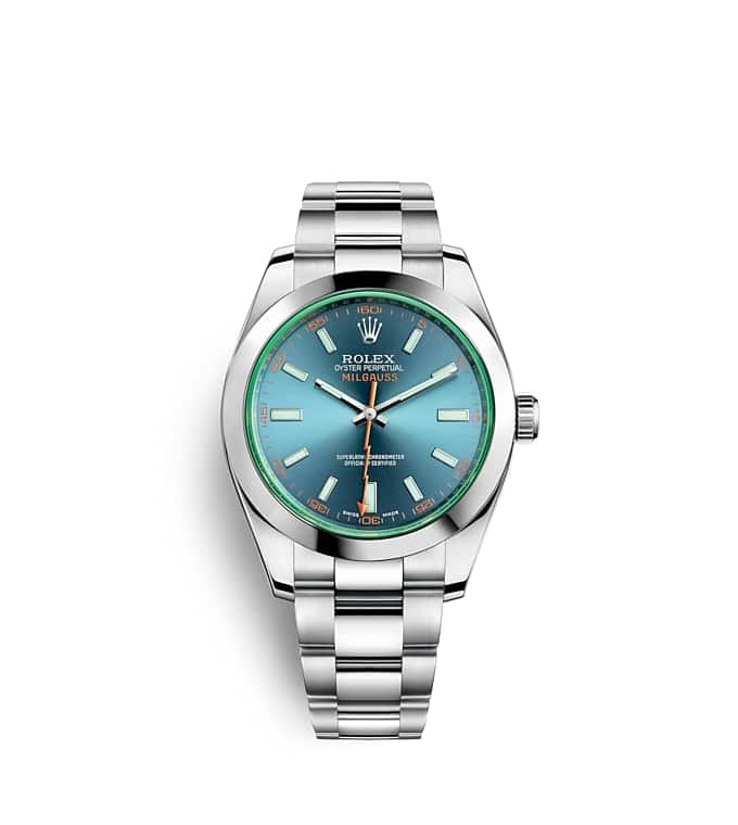 นาฬิกา Rolex Milgauss 40 มม., หน้าปัด Z-BLUE, แซฟไฟร์สีเขียวป้องกันรอยขีดข่วน