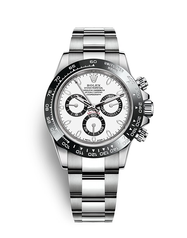 นาฬิกา Rolex Cosmograph Daytona 40 มม., หน้าปัดสีขาว ขอบหน้าปัด Monobloc Cerachrom สีดำ