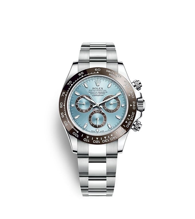 นาฬิกา Rolex Cosmograph Daytona 40 มม., หน้าปัดสีฟ้าไอซ์บลู ขอบหน้าปัด Monobloc Cerachrom สีน้ำตาลเชสต์นัท