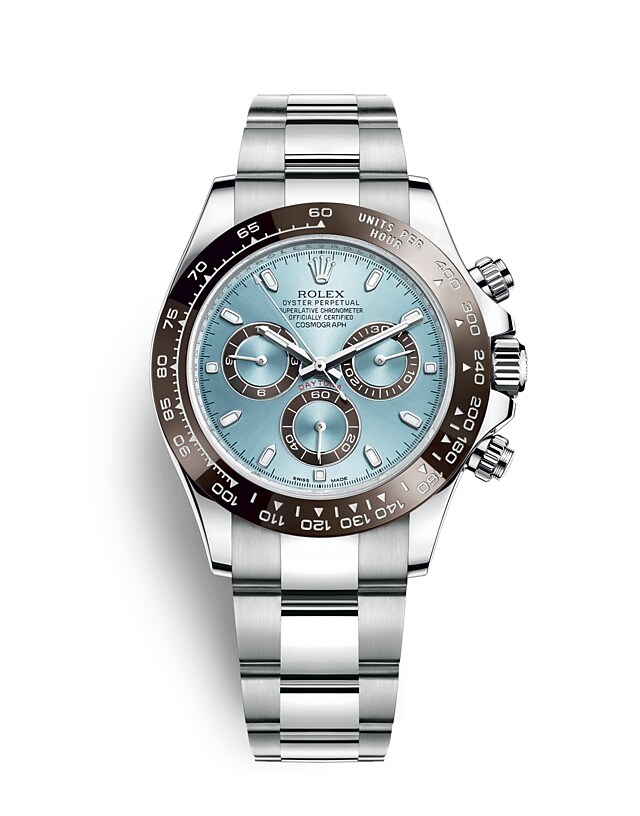 นาฬิกา Rolex Cosmograph Daytona 40 มม., หน้าปัดสีฟ้าไอซ์บลู ขอบหน้าปัด Monobloc Cerachrom สีน้ำตาลเชสต์นัท