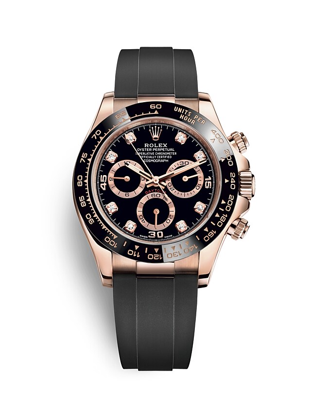 นาฬิกา Rolex Cosmograph Daytona 40 มม., เอเวอร์โรสโกลด์, หน้าปัดสีดำ ขอบหน้าปัด Monobloc Cerachrom สีดำ