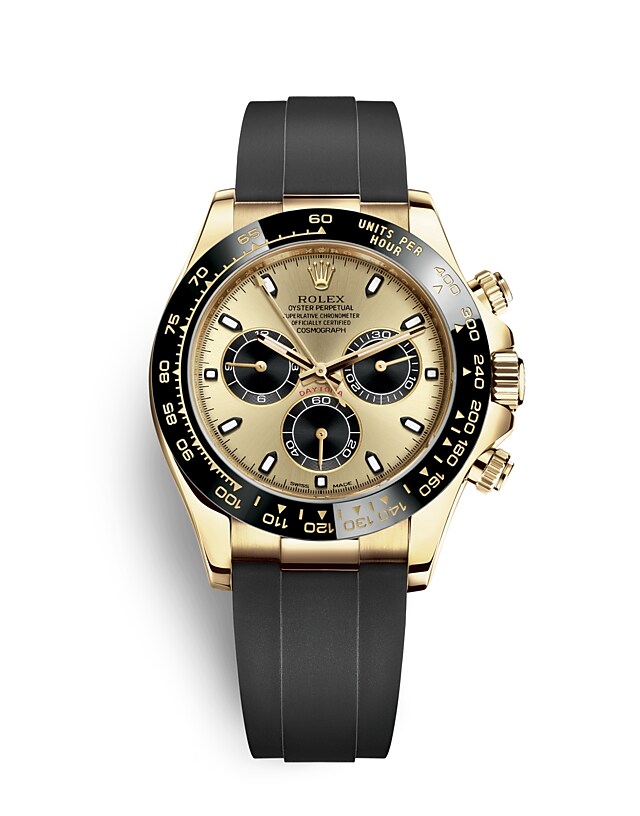 นาฬิกา Rolex Cosmograph Daytona 40 มม., หน้าปัดสีแชมเปญและสีดำ ขอบหน้าปัด Monobloc Cerachrom สีดำ