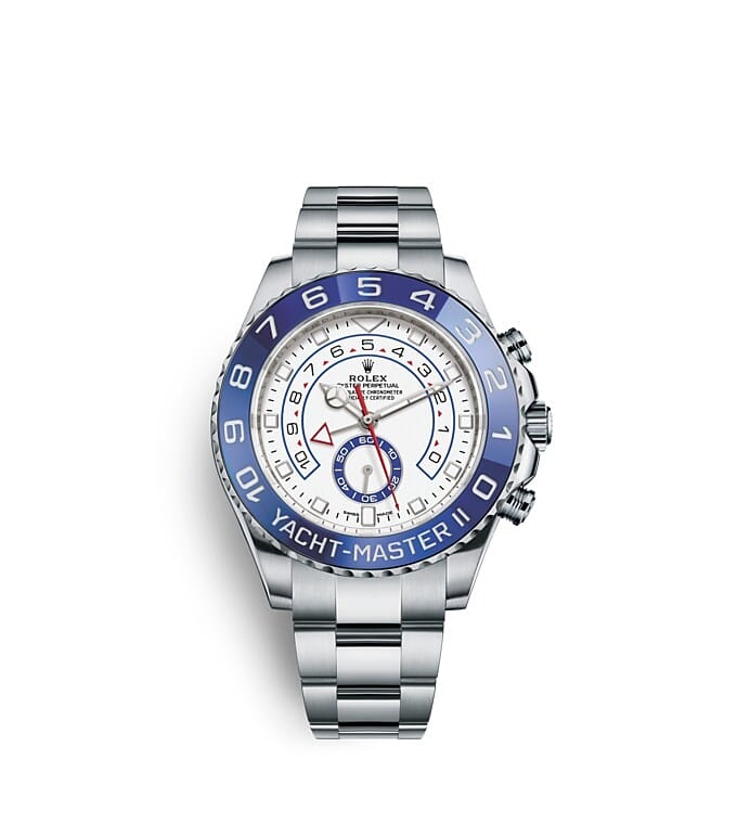 นาฬิกา Rolex Yacht Master II 44 มม., Oystersteel หน้าปัดสีขาว ขอบหน้าปัด Ring Command สีน้ำเงินทำจากเซรามิก