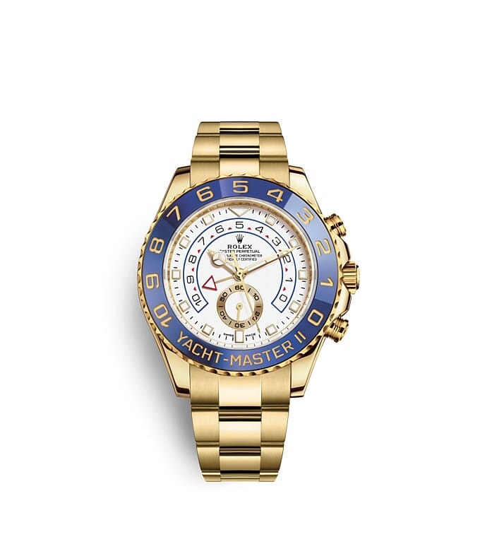 นาฬิกา Rolex Yacht Master II 44 มม., ทองคำ หน้าปัดสีขาว ขอบหน้าปัด Ring Command พร้อมขอบหน้าปัด Cerachrom สีน้ำเงินทำจากเซรามิก