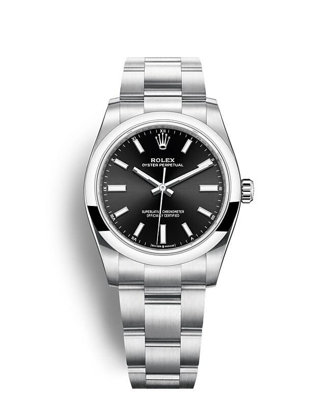 นาฬิกา Rolex Oyster Perpetual 34 มม., หน้าปัดสีดำสว่าง สายนาฬิกา OYSTER