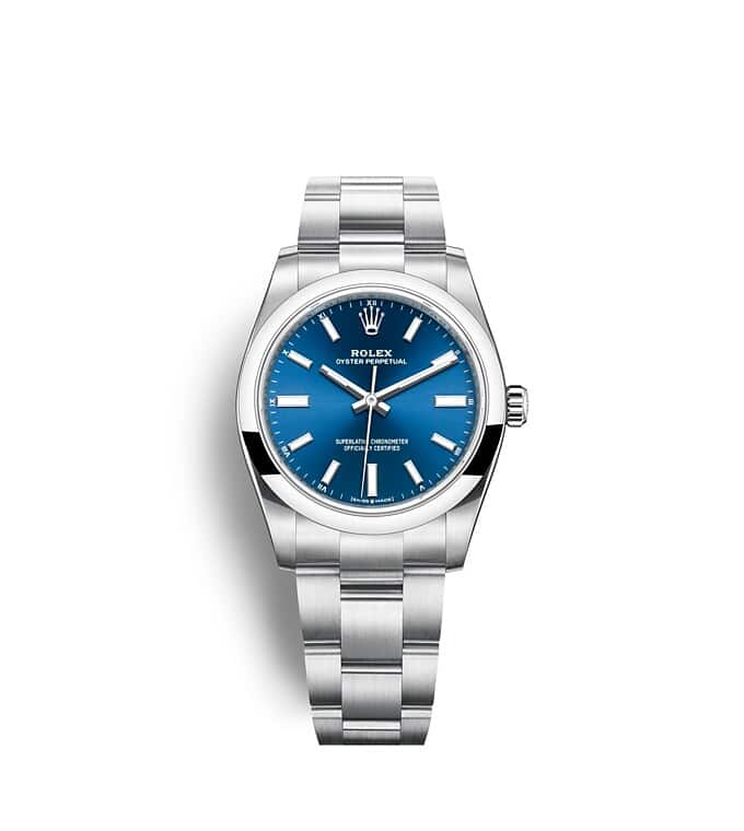 นาฬิกา Rolex Oyster Perpetual 34 มม., หน้าปัดสีน้ำเงินสว่าง สายนาฬิกา OYSTER