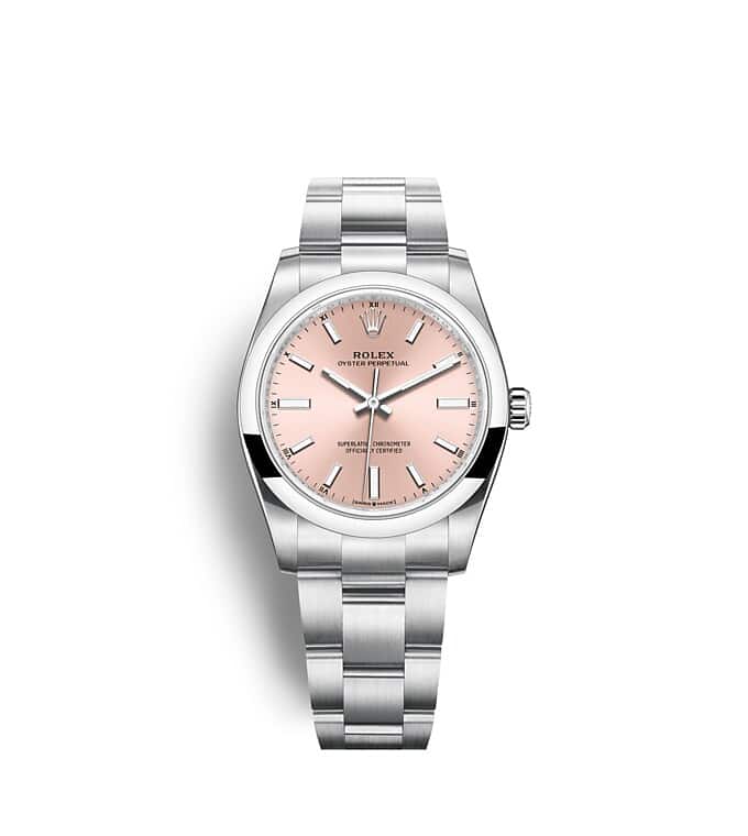 นาฬิกา Rolex Oyster Perpetual 34 มม., หน้าปัดสีชมพู สายนาฬิกา OYSTER