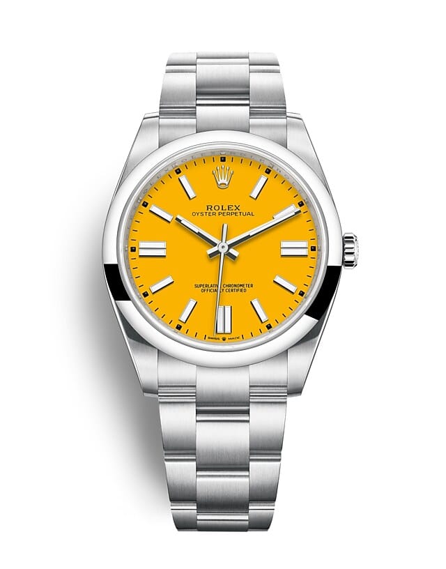 นาฬิกา Rolex Oyster Perpetual 41 มม., หน้าปัดสีเหลือง สายนาฬิกา OYSTER