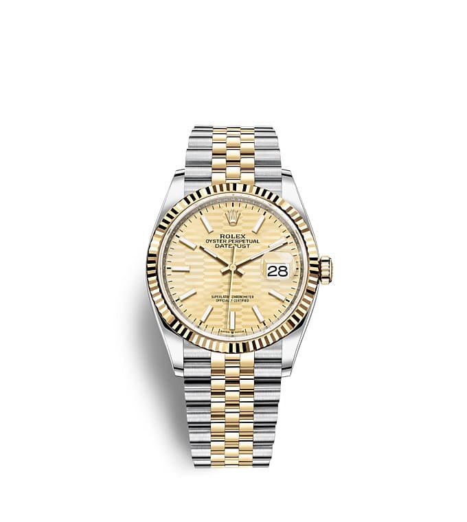 นาฬิกา Rolex Datejust 36 มม., Oystersteel และทองคำ หน้าปัดสีทอง ลวดลายแบบร่อง