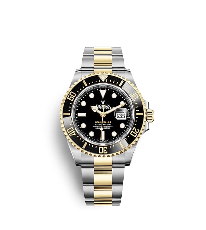 นาฬิกา Rolex Sea Dweller 43 มม., หน้าปัดสีดำ ขอบนาฬิกาเซรามิกสีดำและพรายน้ำที่ส่องสว่าง ข้อความเคลือบด้วยทองคำ