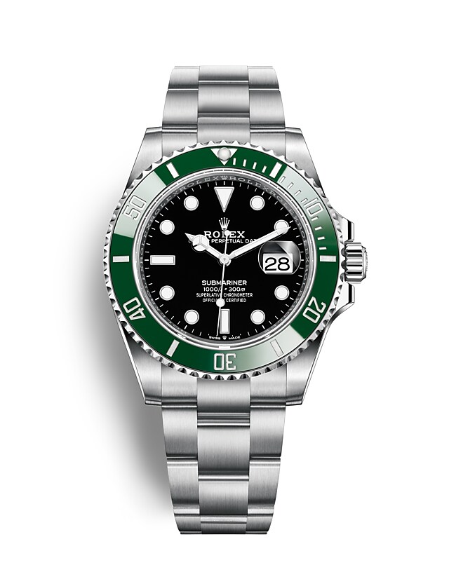 นาฬิกา Rolex Submariner 41 มม., หน้าปัดสีดำ ขอบหน้าปัดสีเขียว แสดงเวลา 60 นาที แสดงวันที่ และหมุนได้