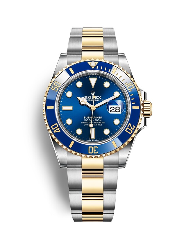 นาฬิกา Rolex Submariner 41 มม., หน้าปัดและขอบหน้าปัดสีรอยัลบลู ขอบหน้าปัดแสดงเวลา 60 นาที แสดงวันที่ และหมุนได้