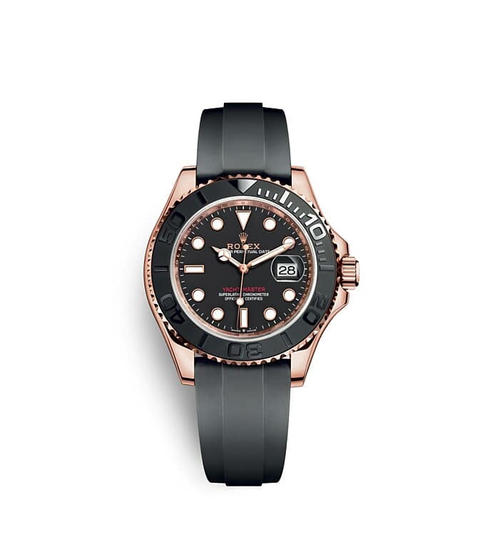 นาฬิกา Rolex Yacht Master 40 มม., เอเวอร์โรสโกลด์ หน้าปัดสีดำเข้ม ขอบหน้าปัดแบบหมุนได้สองทิศทางพร้อมขอบเซรามิกสีดำด้าน
