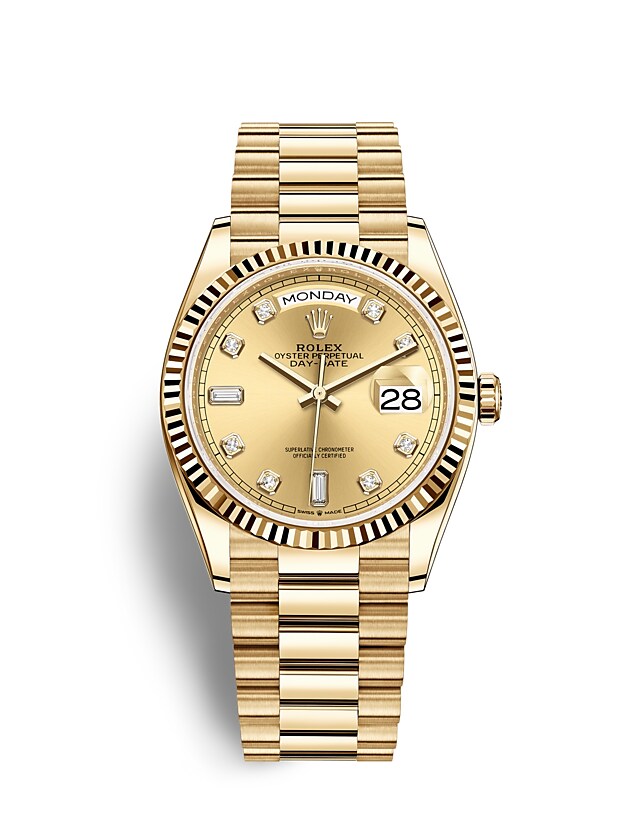 นาฬิกา Rolex Day-Date 36 มม., ทองคำ หน้าปัดสีแชมเปญ ขอบหน้าปัดแบบเซาะร่อง
