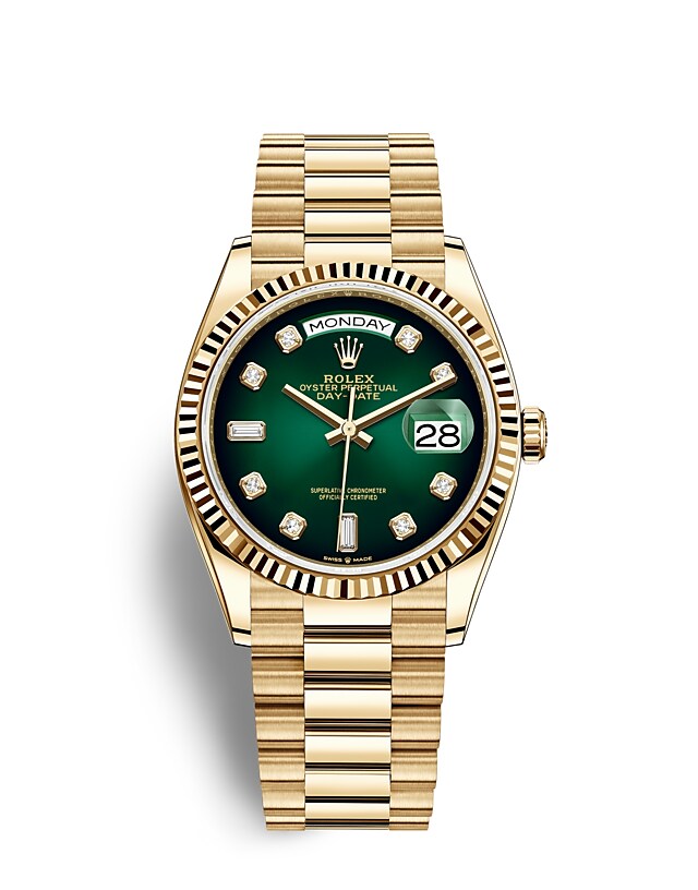 นาฬิกา Rolex Day-Date 36 มม., ทองคำ หน้าปัดสีเขียวออมเบร ขอบหน้าปัดแบบเซาะร่อง