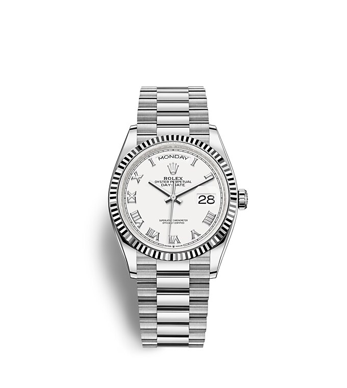 นาฬิกา Rolex Day-Date 36 มม., ทองคำขาว หน้าปัดสีขาว ขอบหน้าปัดแบบเซาะร่อง