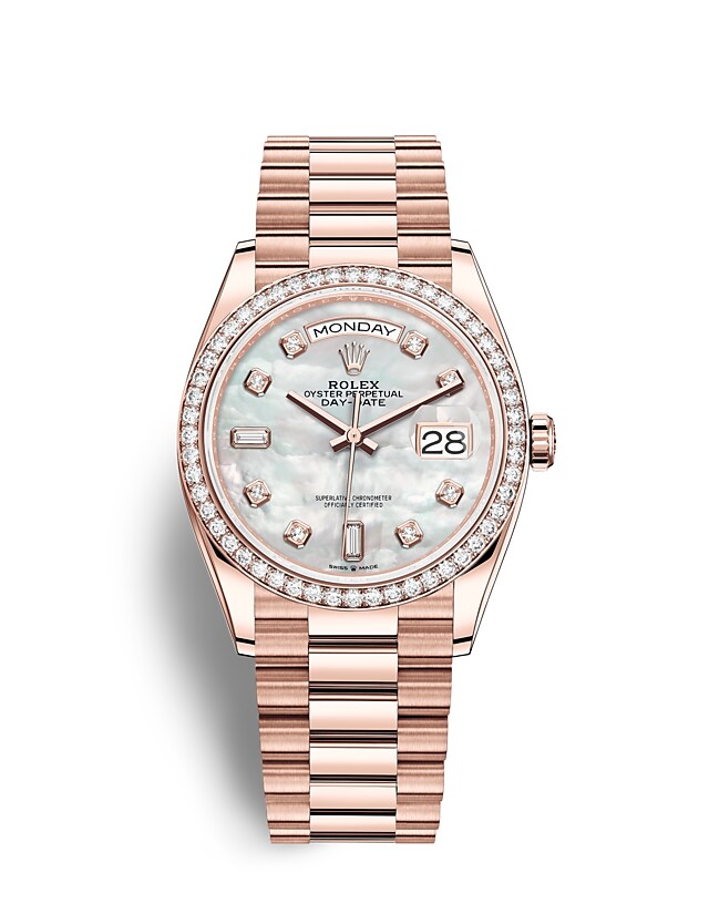 นาฬิกา Rolex Day-Date 36 มม., เอเวอร์โรสโกลด์และเพชร หน้าปัดไข่มุก ขอบหน้าปัดประดับเพชร