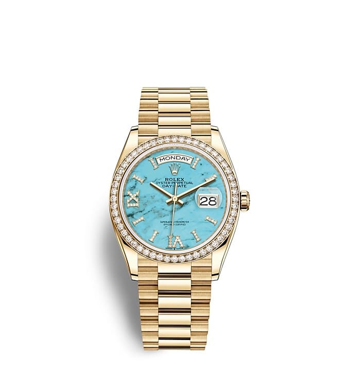 นาฬิกา Rolex Day-Date 36 มม., ทองคำ หน้าปัดสีเทอร์ควอยซ์ ขอบหน้าปัดประดับเพชร