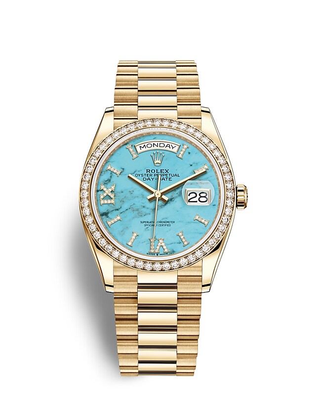นาฬิกา Rolex Day-Date 36 มม., ทองคำ หน้าปัดสีเทอร์ควอยซ์ ขอบหน้าปัดประดับเพชร