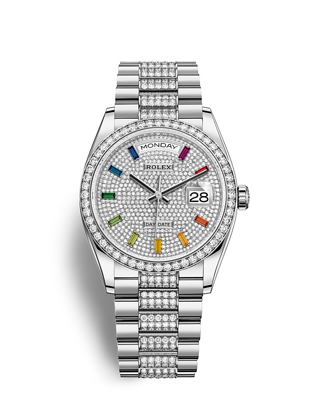 นาฬิกา Rolex Day-Date 36 มม., ทองคำขาวและเพชร หน้าปัดประดับเพชร ขอบหน้าปัดประดับเพชร