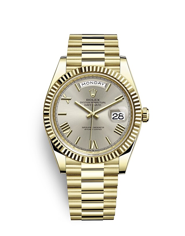 นาฬิกา Rolex Day-Date 40 มม., ทองคำ หน้าปัดสีเงิน ขอบหน้าปัดแบบเซาะร่อง