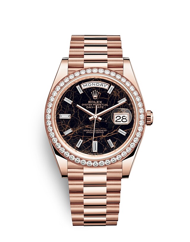 นาฬิกา Rolex Day-Date 40 มม., เอเวอร์โรสโกลด์และเพชร หน้าปัด EISENKIESEL ขอบหน้าปัดประดับเพชร