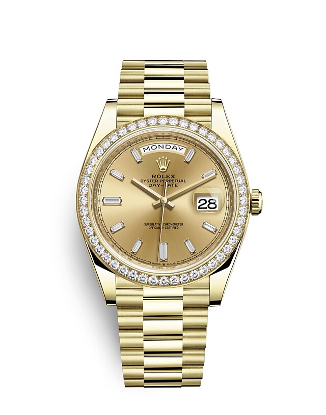 นาฬิกา Rolex Day-Date 40 มม., ทองคำและเพชร หน้าปัดสีแชมเปญ ขอบหน้าปัดประดับเพชร