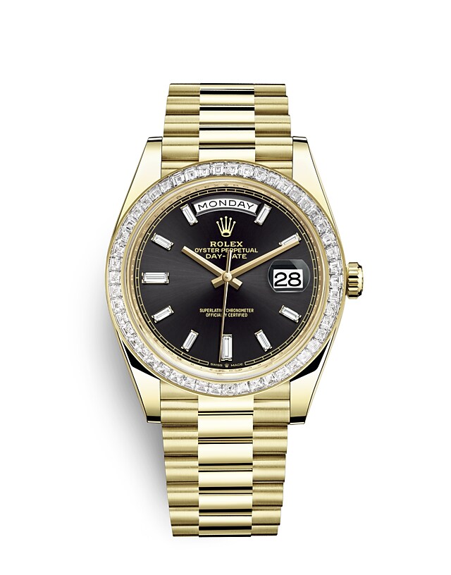 นาฬิกา Rolex Day-Date 40 มม., ทองคำและเพชร หน้าปัดสีดำสว่าง ขอบหน้าปัดประดับเพชร