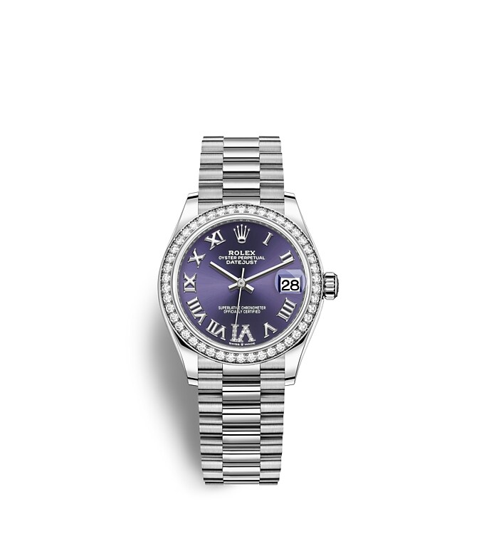 นาฬิกา Rolex Datejust 31 - Oyster, 31 มม., ทองคำขาวและเพชร หน้าปัดสีม่วงเข้ม | 278289RBR