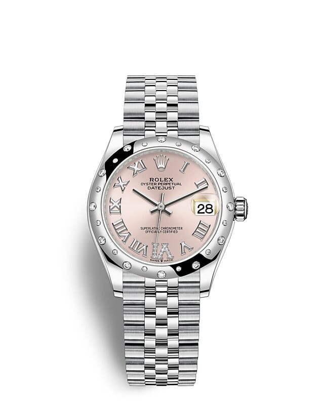 นาฬิกา Rolex Datejust 31 มม., Oystersteel ทองคำขาวและเพชร หน้าปัดสีชมพูประดับด้วยเพชร ขอบหน้าปัดประดับเพชร