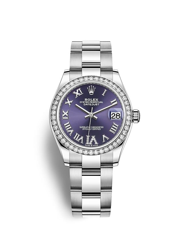 นาฬิกา Rolex Datejust 31 มม., Oystersteel ทองคำขาวและเพชร หน้าปัดสีม่วงเข้มประดับด้วยเพชร ขอบหน้าปัดประดับเพชร