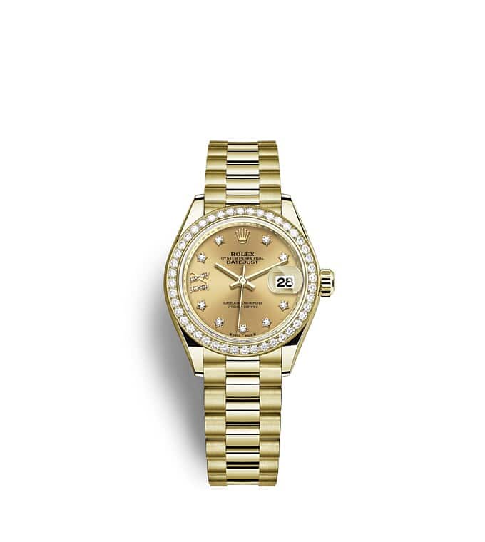 นาฬิกา Rolex Lady-Datejust 28 มม., ทองคำและเพชร หน้าปัดสีแชมเปญ ขอบหน้าปัดประดับเพชร