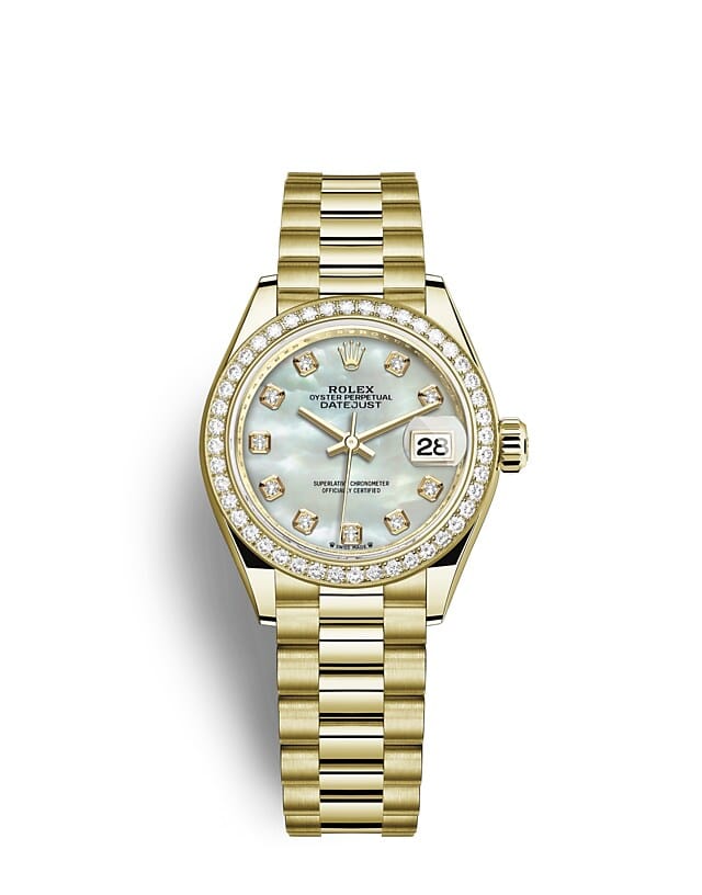 นาฬิกา Rolex Lady-Datejust 28 มม., ทองคำ หน้าปัดไข่มุก ขอบหน้าปัดประดับเพชร