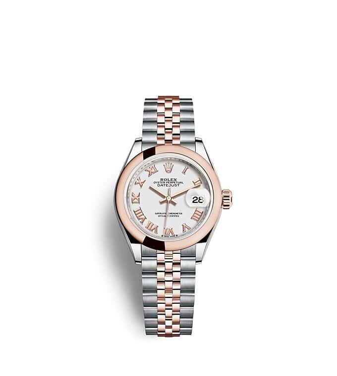นาฬิกา Rolex Lady-Datejust 28 มม., เอเวอร์โรสโกลด์ หน้าปัดสีขาว สายนาฬิกา JUBILEE