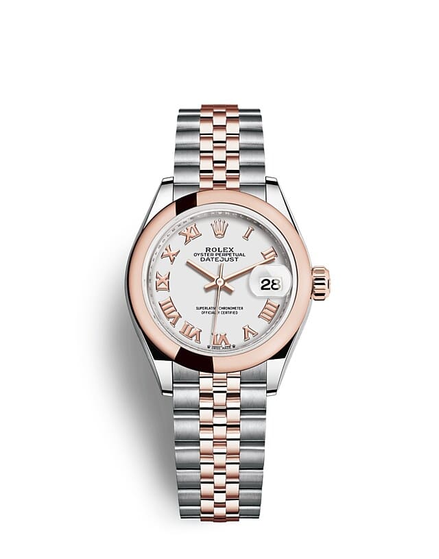 นาฬิกา Rolex Lady-Datejust 28 มม., เอเวอร์โรสโกลด์ หน้าปัดสีขาว สายนาฬิกา JUBILEE