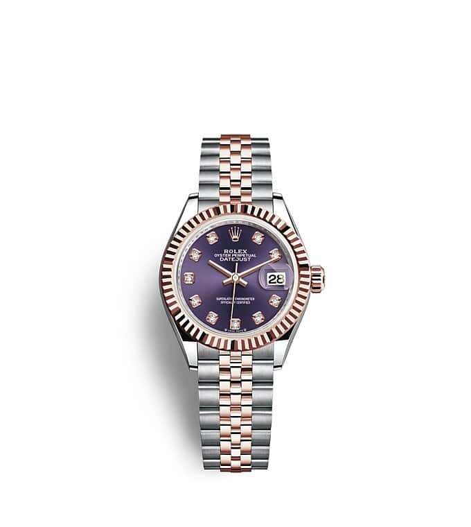 นาฬิกา Rolex Lady-Datejust 28 มม., เอเวอร์โรสโกลด์ หน้าปัดสีม่วงเข้ม ขอบหน้าปัดแบบเซาะร่อง