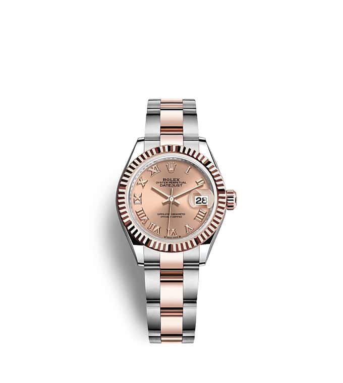 นาฬิกา Rolex Lady-Datejust 28 มม., เอเวอร์โรสโกลด์ หน้าปัดสีชมพูกุหลาบ ขอบหน้าปัดแบบเซาะร่อง