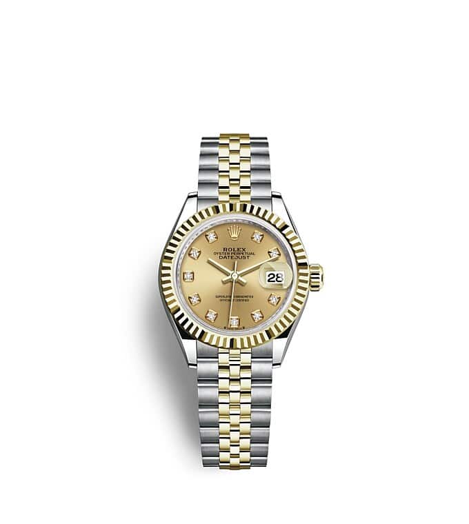 นาฬิกา Rolex Lady-Datejust 28 มม., ทองคำ หน้าปัดสีแชมเปญ ขอบหน้าปัดแบบเซาะร่อง