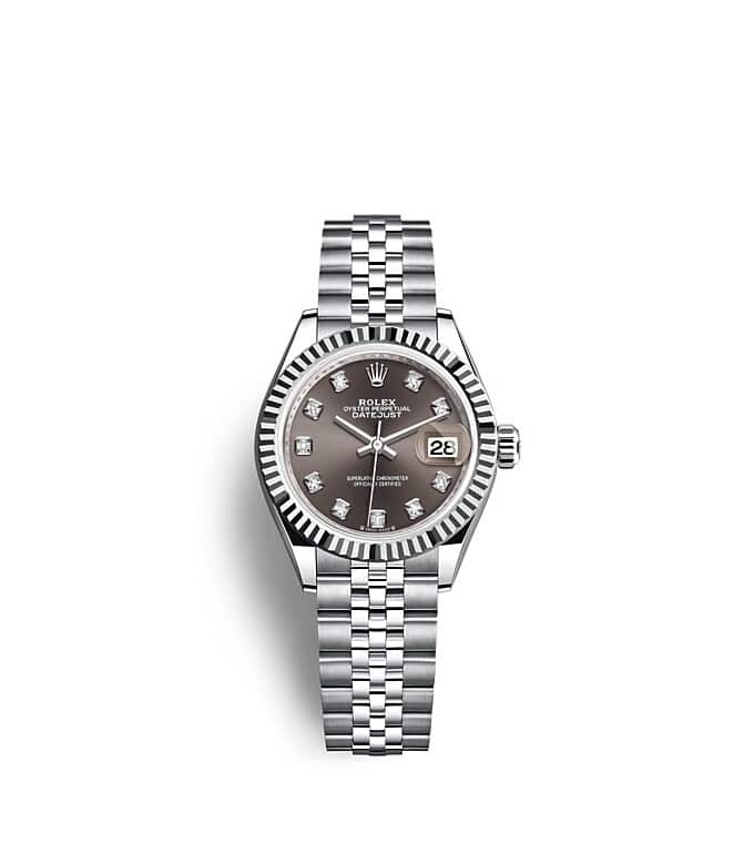 นาฬิกา Rolex Lady-Datejust 28 มม., ทองคำขาว หน้าปัดสีเทาเข้ม ขอบหน้าปัดแบบเซาะร่อง