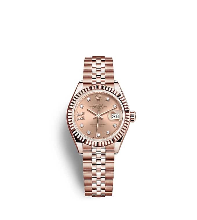 นาฬิกา Rolex Lady-Datejust 28 มม., เอเวอร์โรสโกลด์ หน้าปัดสีชมพูกุหลาบ ขอบหน้าปัดแบบเซาะร่อง