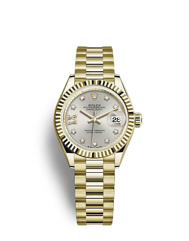 นาฬิกา Rolex Lady-Datejust 28 มม., ทองคำ หน้าปัดสีเงิน ขอบหน้าปัดแบบเซาะร่อง