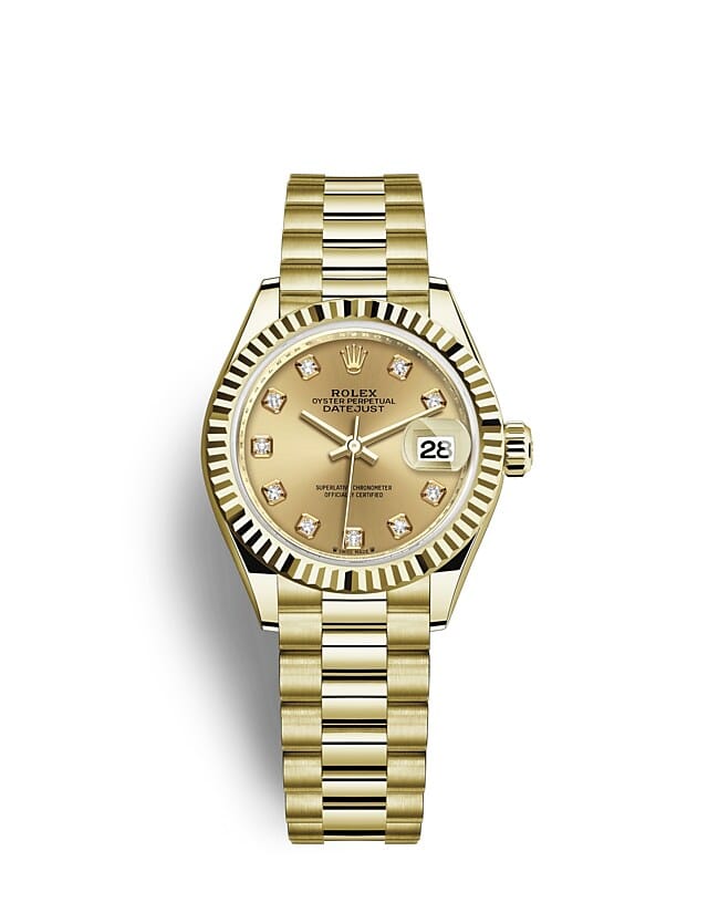 นาฬิกา Rolex Lady-Datejust 28 มม., หน้าปัดสีแชมเปญ ขอบหน้าปัดแบบเซาะร่อง