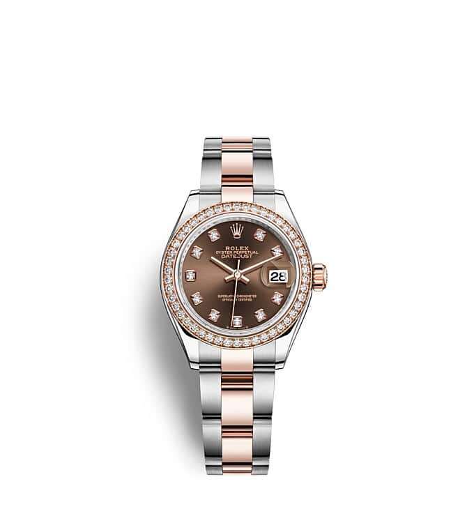 นาฬิกา Rolex Lady-Datejust 28 มม., เอเวอร์โรสโกลด์และเพชร หน้าปัดสีช็อกโกแลต ขอบหน้าปัดประดับเพชร