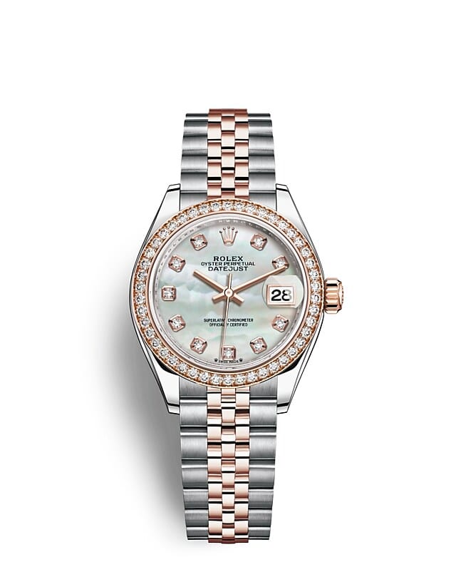นาฬิกา Rolex Lady-Datejust 28 มม., เอเวอร์โรสโกลด์และเพชร หน้าปัดไข่มุก ขอบหน้าปัดประดับเพชร
