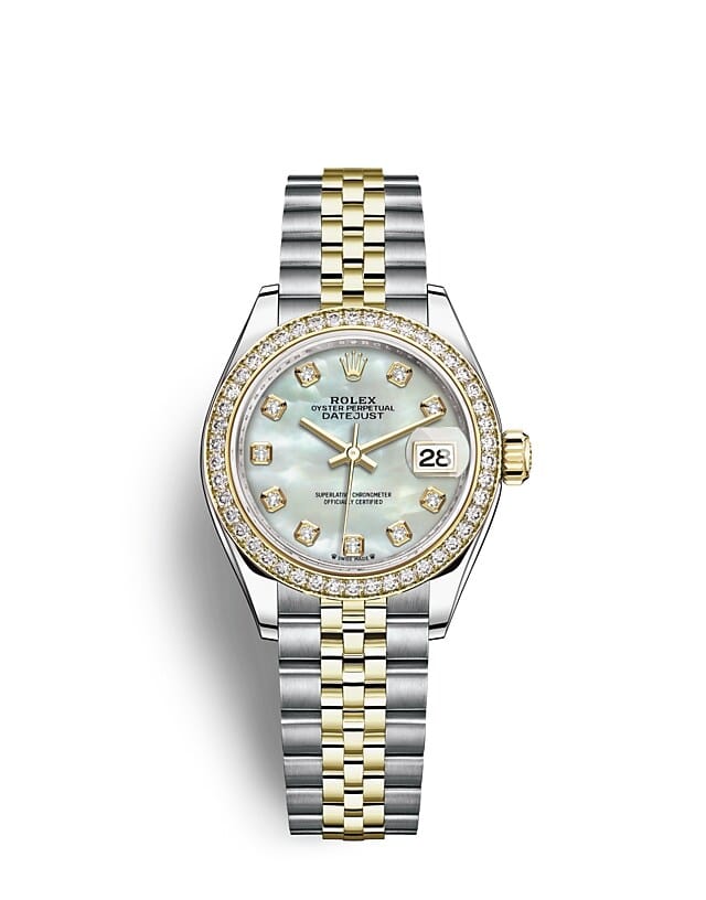 นาฬิกา Rolex Lady-Datejust 28 มม., ทองคำและเพชร หน้าปัดไข่มุก ขอบหน้าปัดประดับเพชร