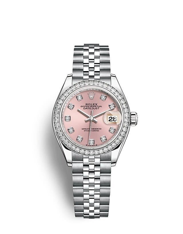 นาฬิกา Rolex Lady-Datejust 28 มม., ทองคำขาวและเพชร หน้าปัดสีชมพู ขอบหน้าปัดประดับเพชร