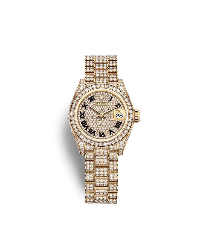 นาฬิกา Rolex Lady-Datejust 28 มม., ทองคำและเพชร หน้าปัดและขอบหน้าปัดประดับเพชร