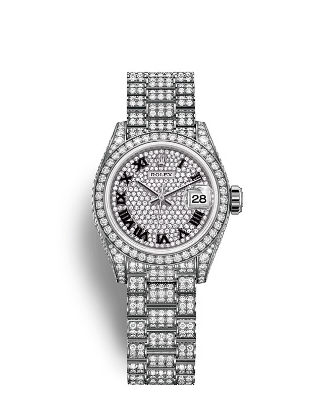 นาฬิกา Rolex Lady-Datejust 28 มม., ทองคำขาวและเพชร หน้าปัดและขอบหน้าปัดประดับเพชร