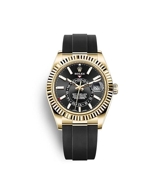 นาฬิกา Rolex Sky Dweller 42 มม., ทองคำ หน้าปัดสีดำสว่าง ขอบหน้าปัด Ring Command แบบเซาะร่อง